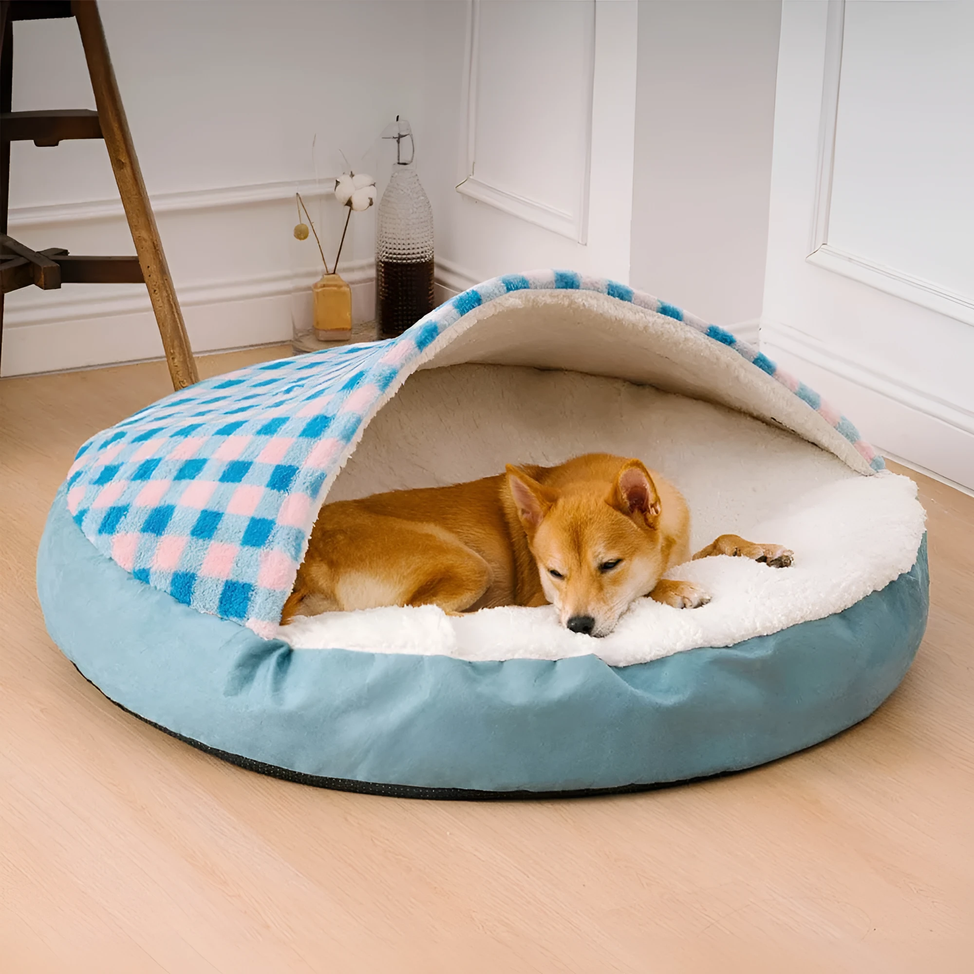 Plush dog nest bed in cloth with plaid pattern for small to large dogs