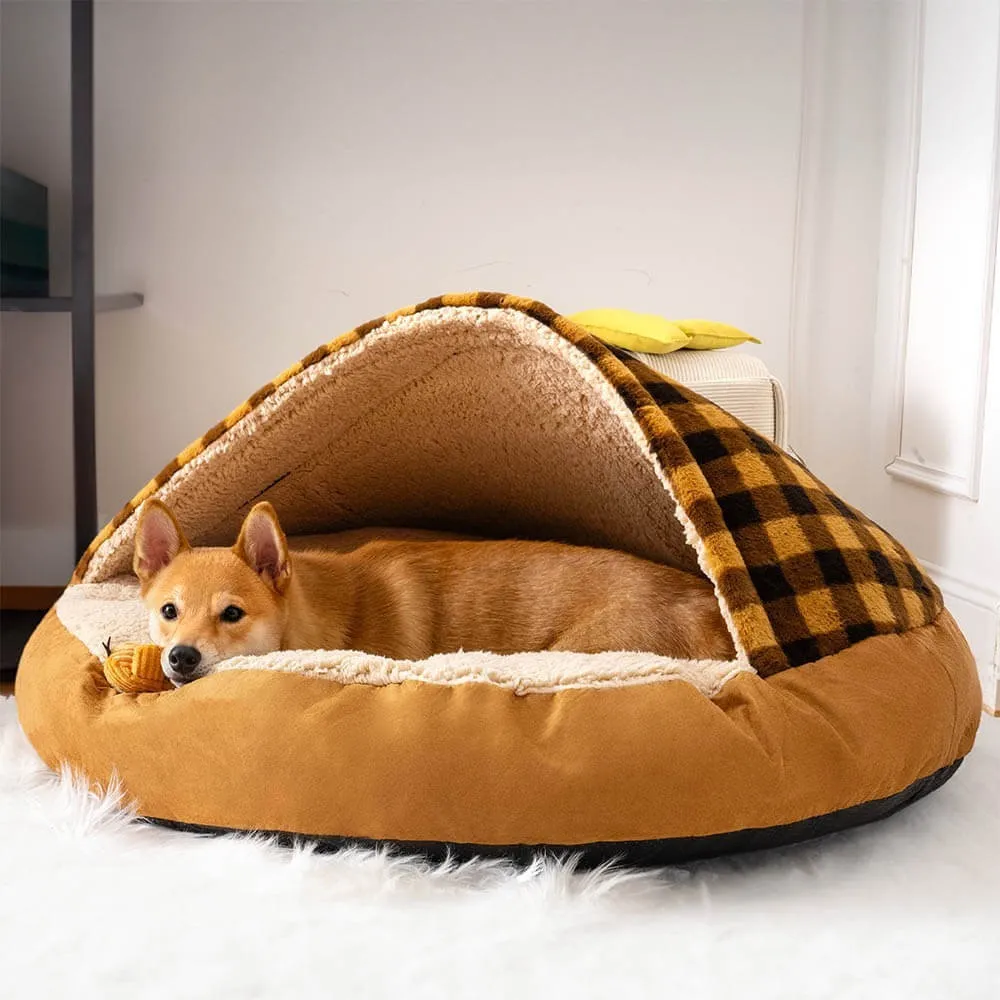 Plush dog nest bed in cloth with plaid pattern for small to large dogs