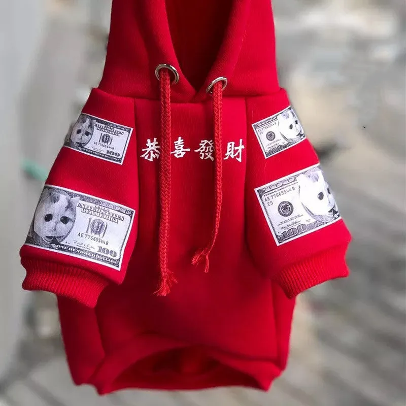 Red cotton fleece sweater for pet cat or dog with casual styling on white background