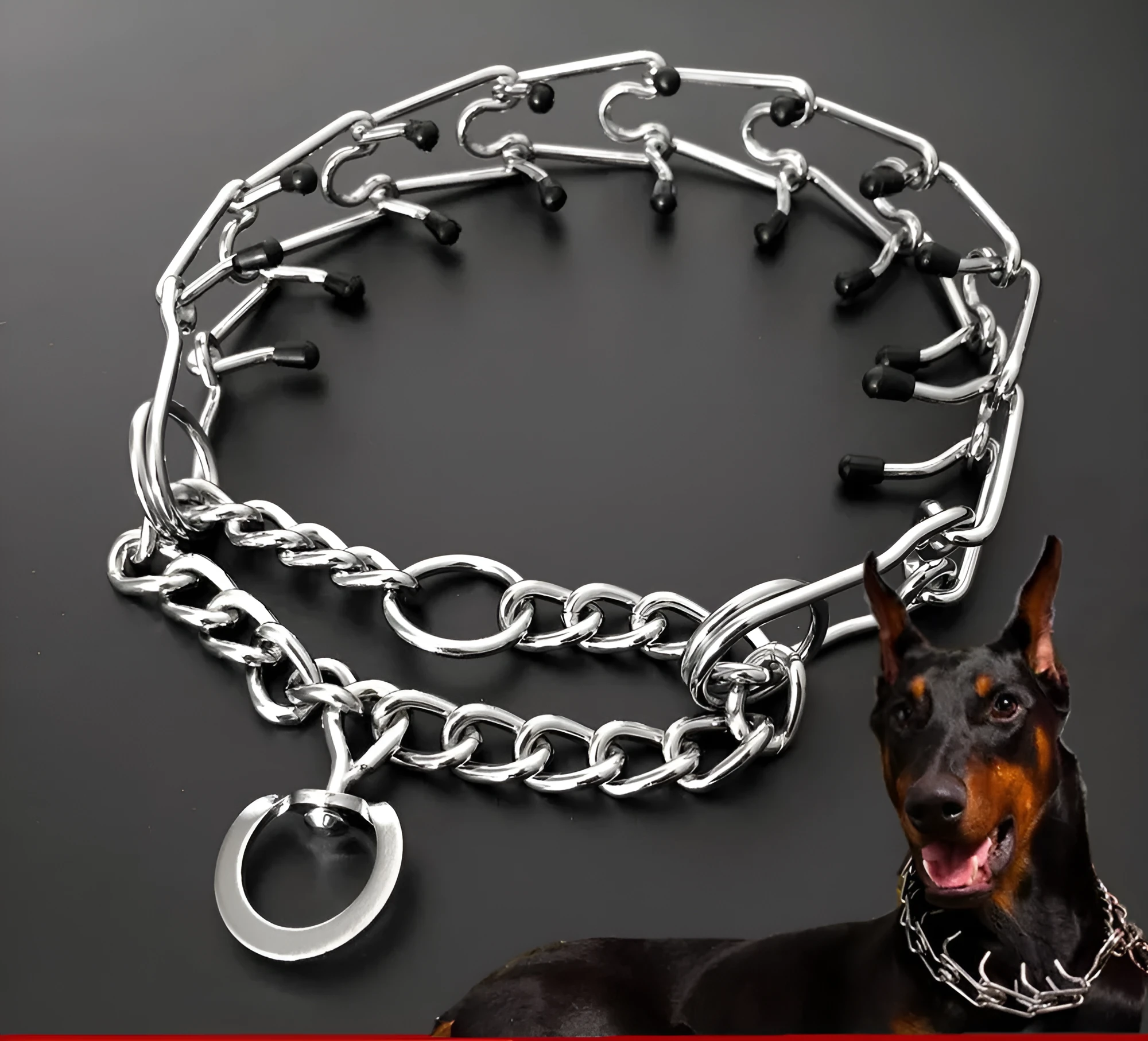 Chrome plated pinch dog collar with rubber tips for training, silver colour, detachable chain, shown on white background