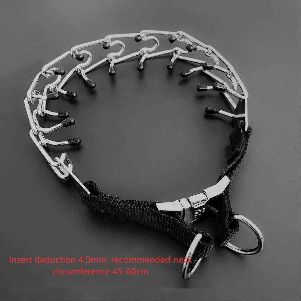 Chrome plated pinch dog collar with rubber tips for training, silver colour, detachable chain, shown on white background