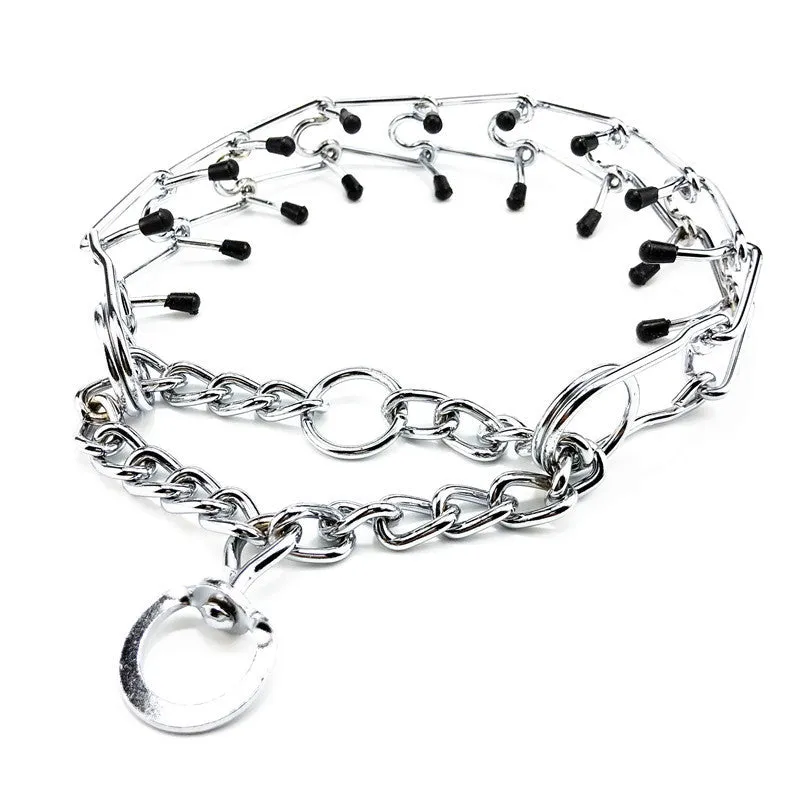 Chrome plated pinch dog collar with rubber tips for training, silver colour, detachable chain, shown on white background