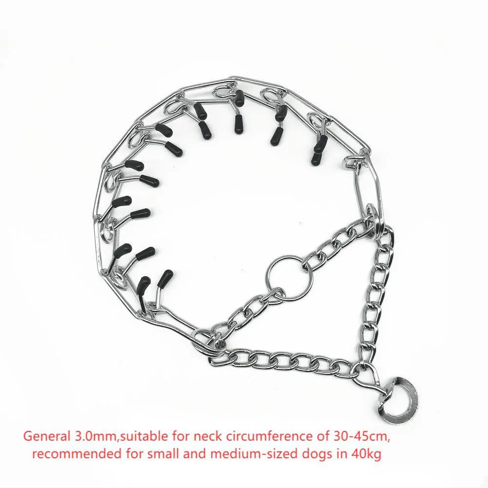 Chrome plated pinch dog collar with rubber tips for training, silver colour, detachable chain, shown on white background