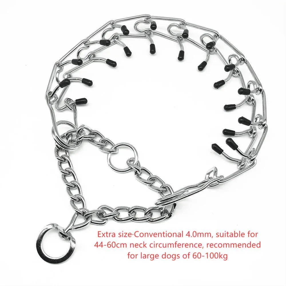 Chrome plated pinch dog collar with rubber tips for training, silver colour, detachable chain, shown on white background