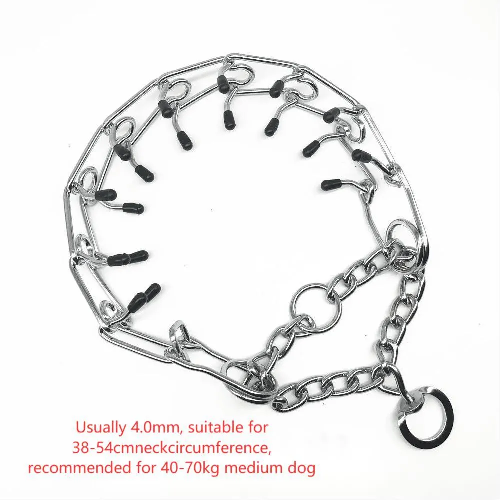 Chrome plated pinch dog collar with rubber tips for training, silver colour, detachable chain, shown on white background