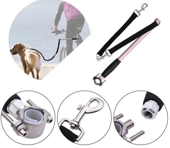 Bicycle walking dog leash stainless steel 46x2.2cm in silver attached to bike