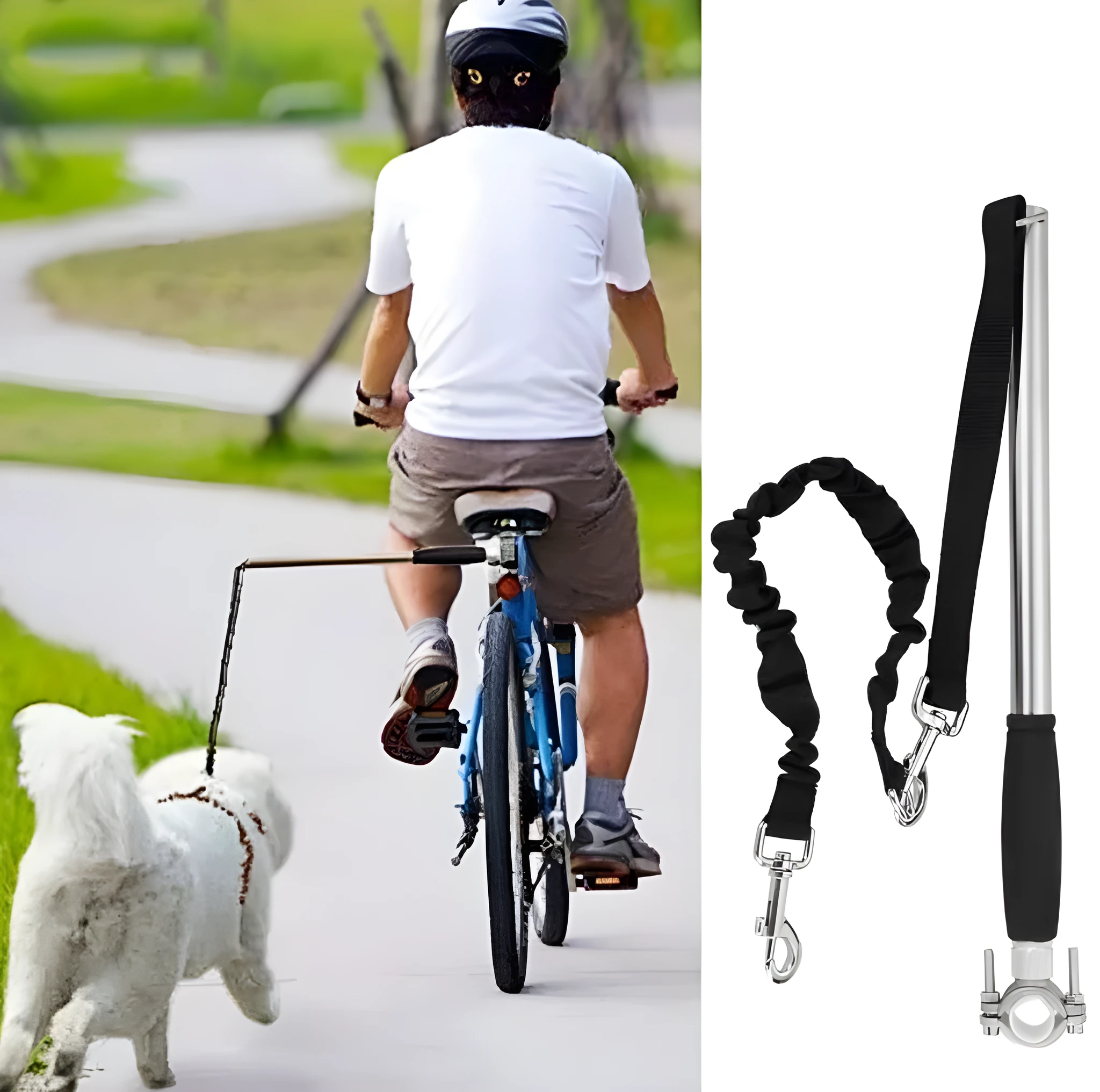 Bicycle walking dog leash stainless steel 46x2.2cm in silver attached to bike