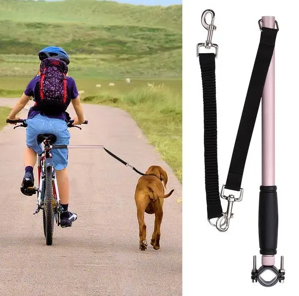 Bicycle walking dog leash stainless steel 46x2.2cm in silver attached to bike