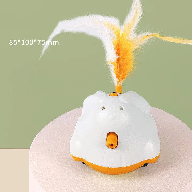 Green USB rechargeable electric cat teaser with rabbit design, infrared laser, and feather attachments on a floor