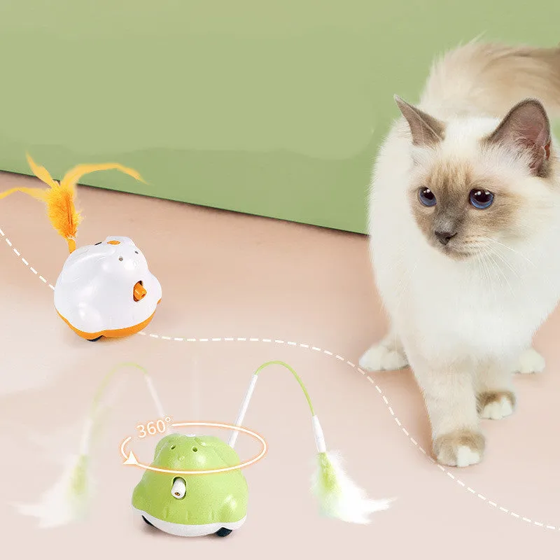 Green USB rechargeable electric cat teaser with rabbit design, infrared laser, and feather attachments on a floor