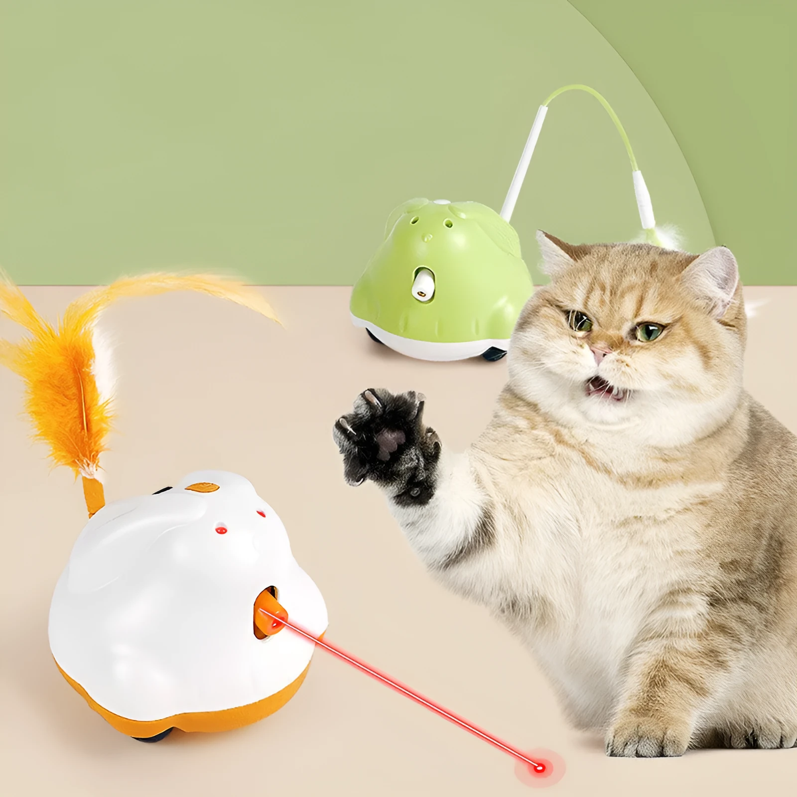 Green USB rechargeable electric cat teaser with rabbit design, infrared laser, and feather attachments on a floor