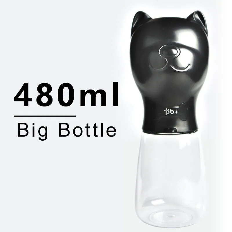 Portable pet dog drinker water bottle in black with automatic leak proof outdoor feeder for dogs and cats