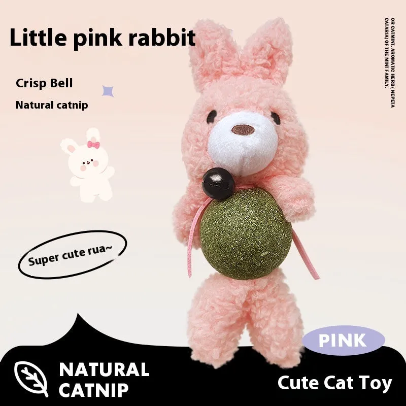 Brown bear plush cat toy with a catnip ball and bell inside on a white background.