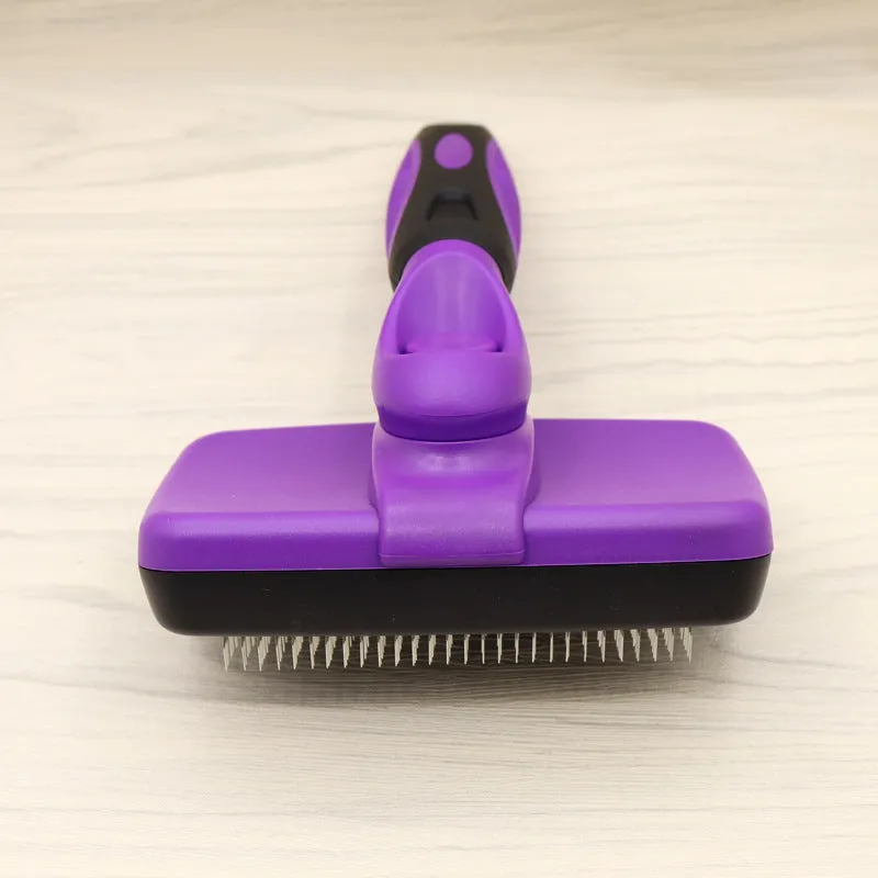 Cat and dog grooming needle comb with stainless steel teeth and dark green ABS TPR handle on white background