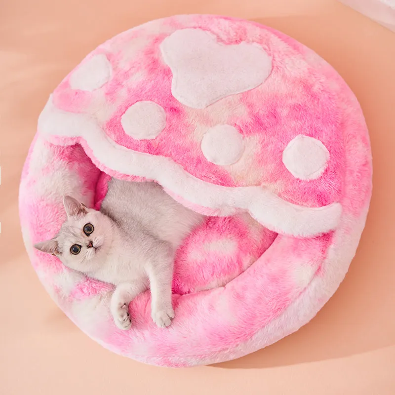 Pink plush enclosed cat bed with unicorn pattern, size S (35cm wide), for indoor pet sleep
