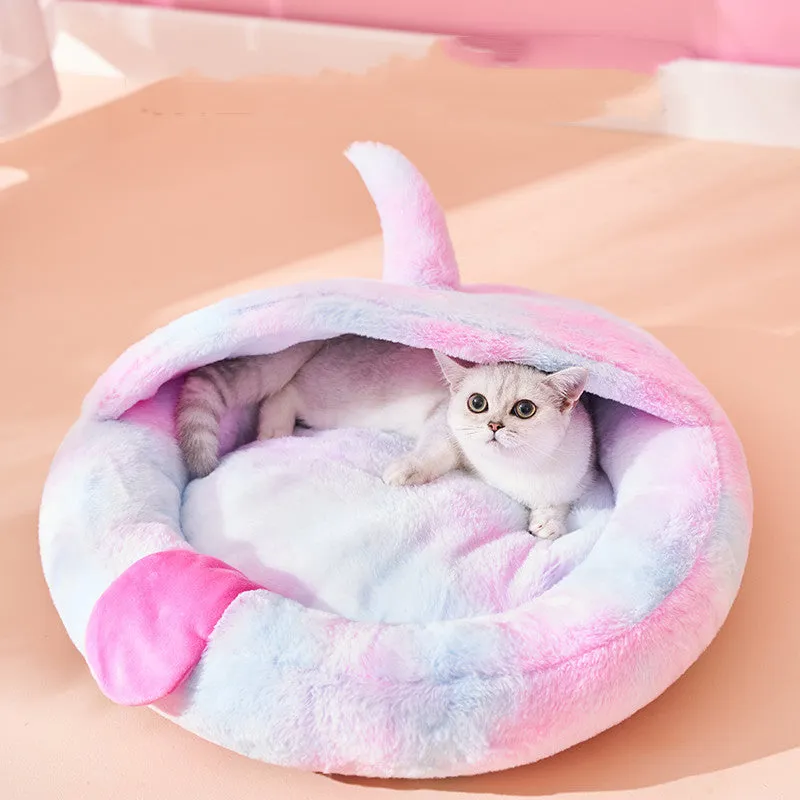 Pink plush enclosed cat bed with unicorn pattern, size S (35cm wide), for indoor pet sleep