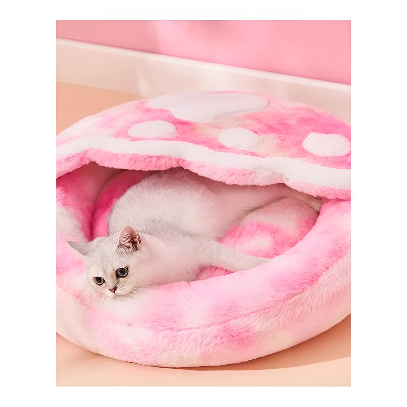 Pink plush enclosed cat bed with unicorn pattern, size S (35cm wide), for indoor pet sleep