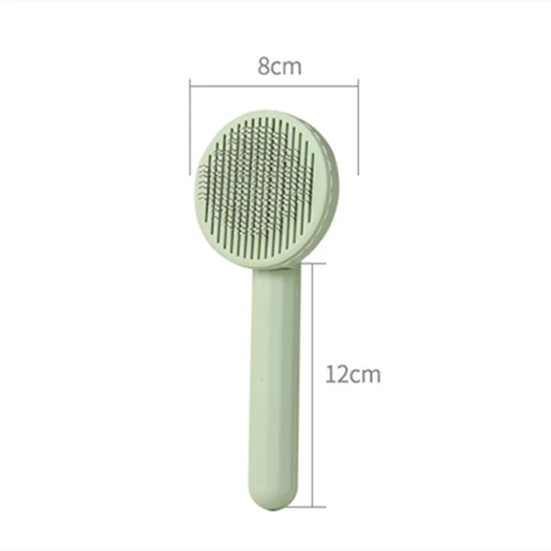 Button self-cleaning pet comb with stainless steel needles and ABS handle in blue colour