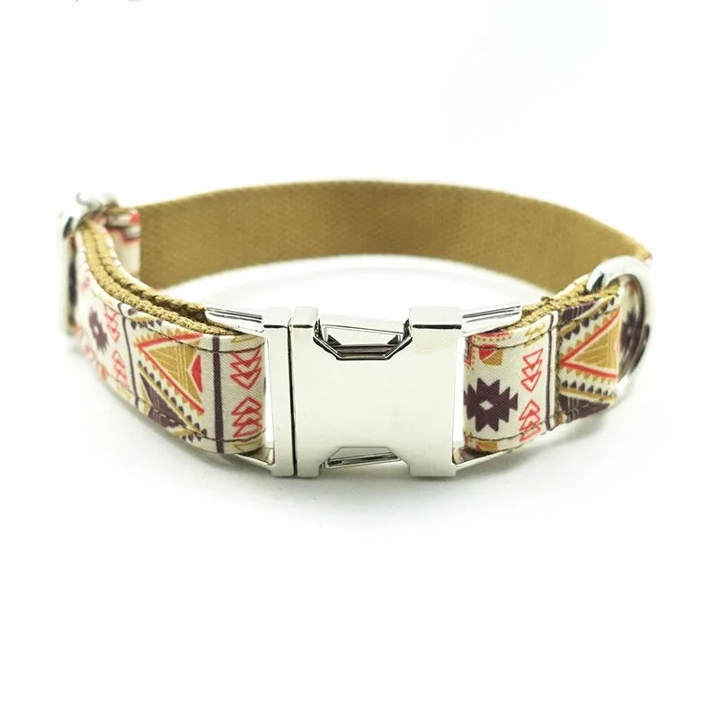 Brown polyester bohemian dog collar on a small dog, adjustable size