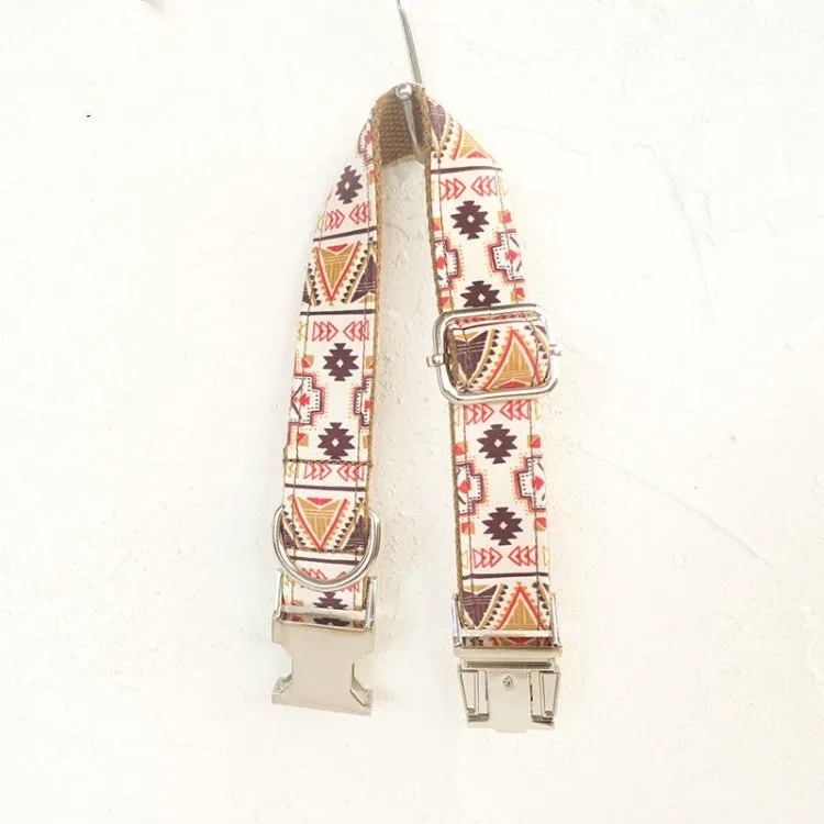 Brown polyester bohemian dog collar on a small dog, adjustable size