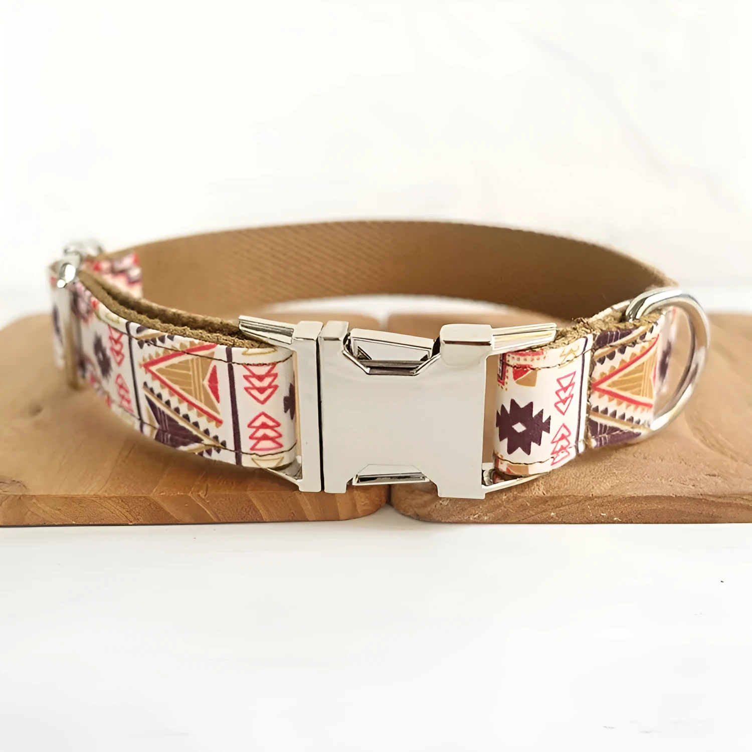 Brown polyester bohemian dog collar on a small dog, adjustable size
