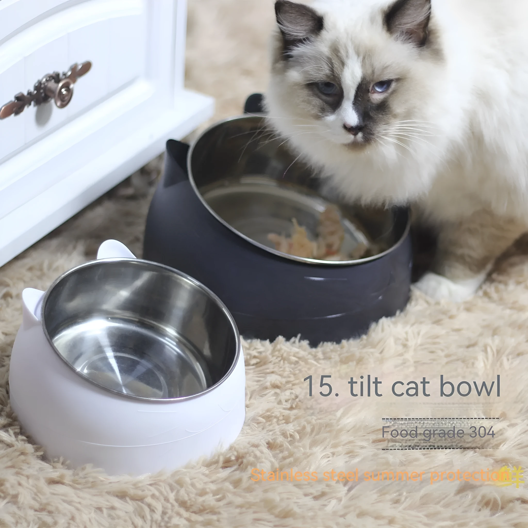 Stainless steel double bowl cat bowl cervical protection oblique mouth design 200ml capacity