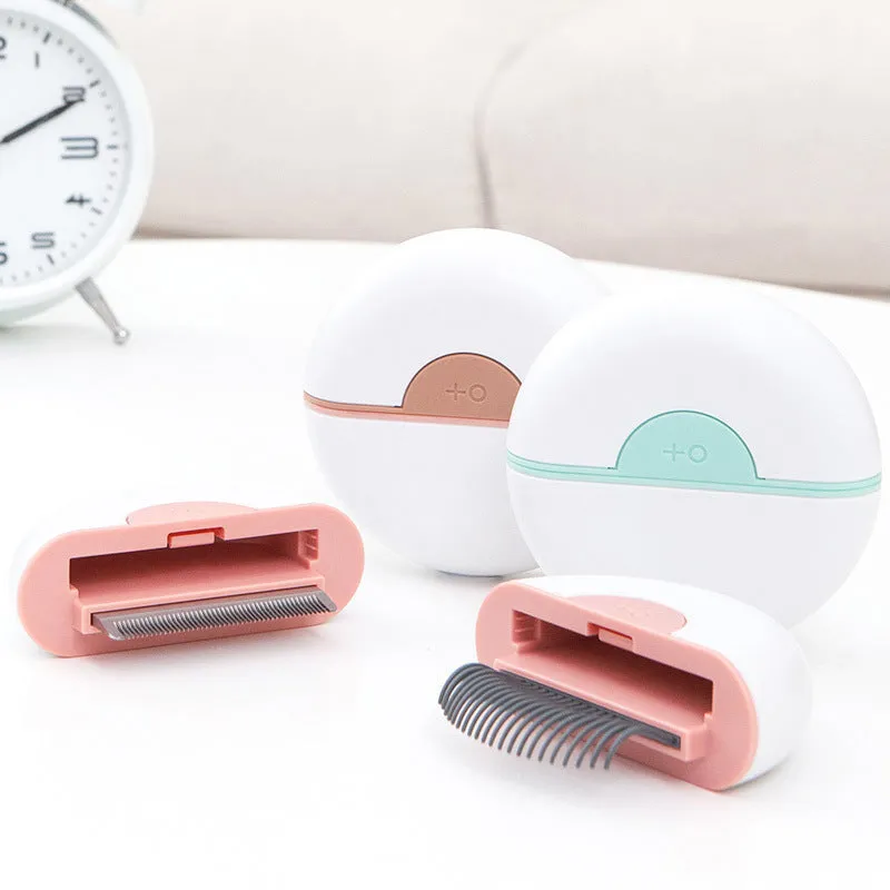 Steel and alloy pet grooming comb for cats and dogs on a neutral background, available in coffee, green, and pink
