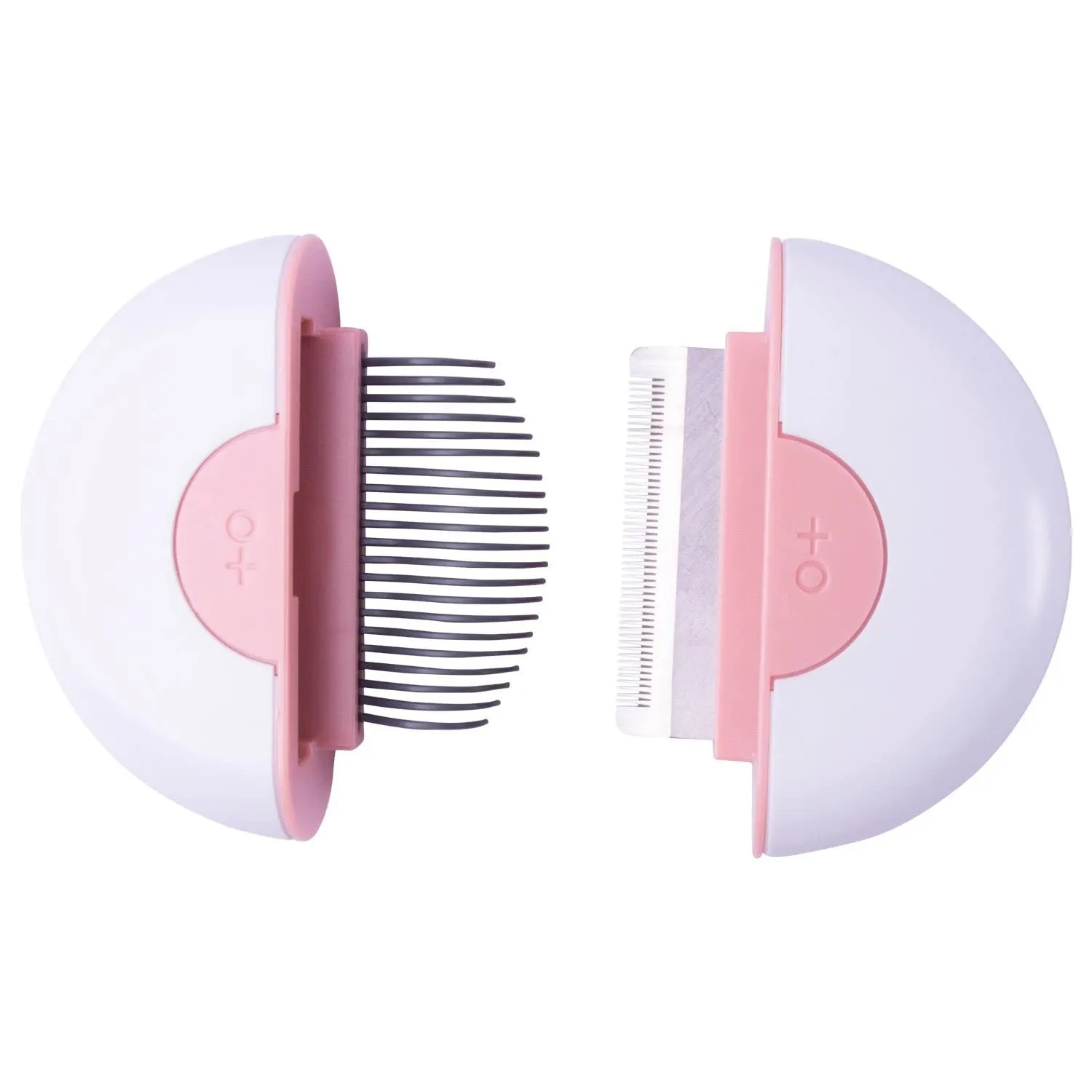 Steel and alloy pet grooming comb for cats and dogs on a neutral background, available in coffee, green, and pink