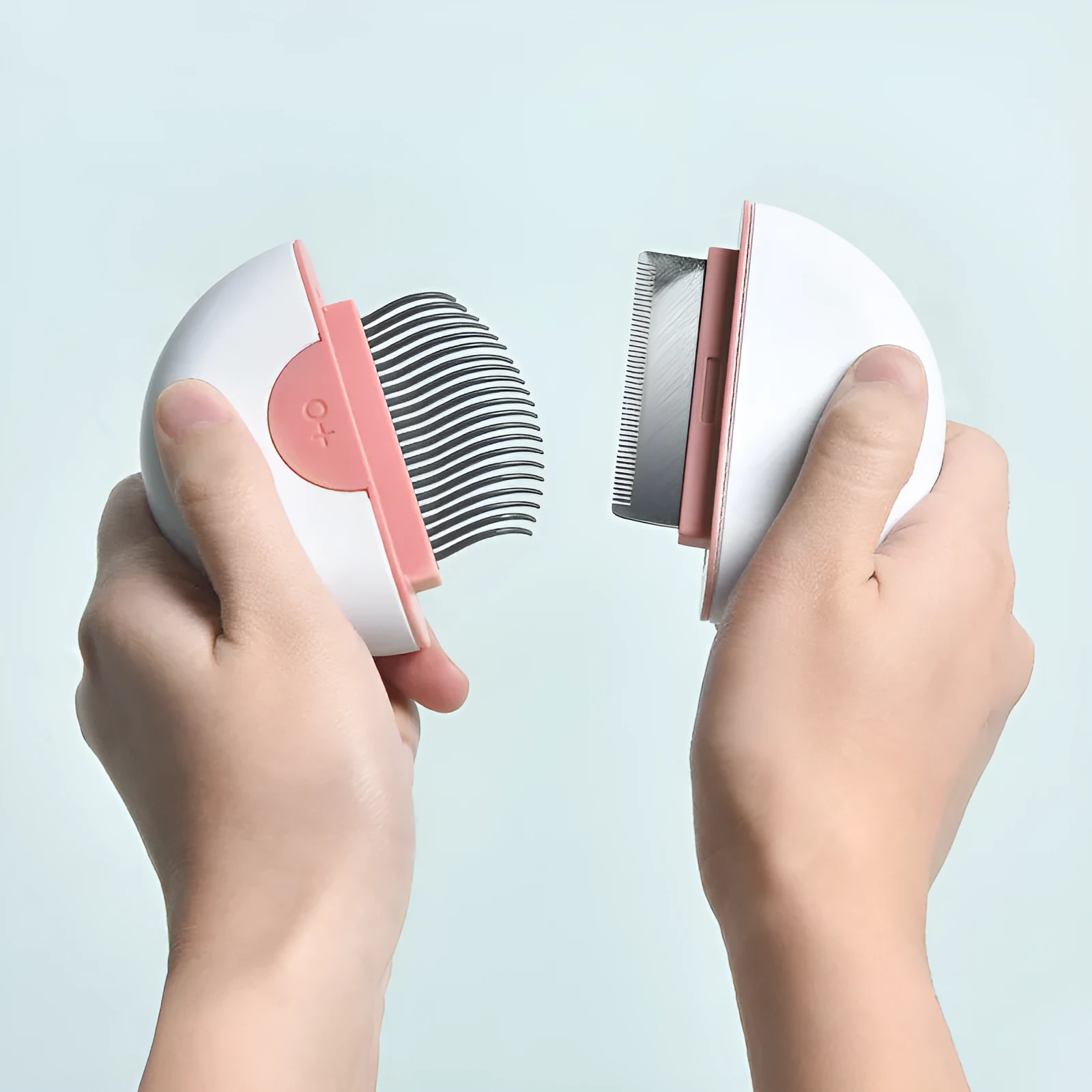 Steel and alloy pet grooming comb for cats and dogs on a neutral background, available in coffee, green, and pink