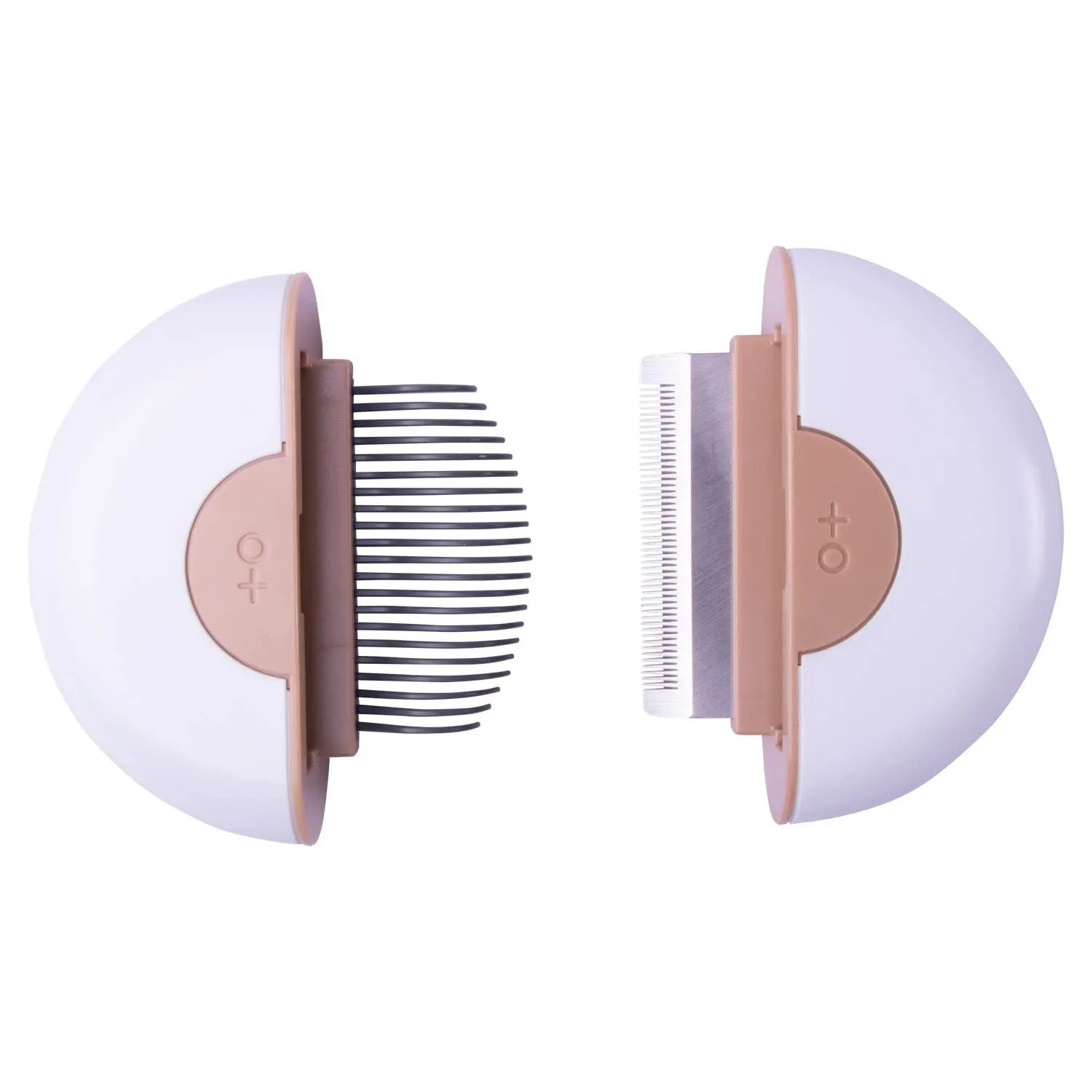 Steel and alloy pet grooming comb for cats and dogs on a neutral background, available in coffee, green, and pink