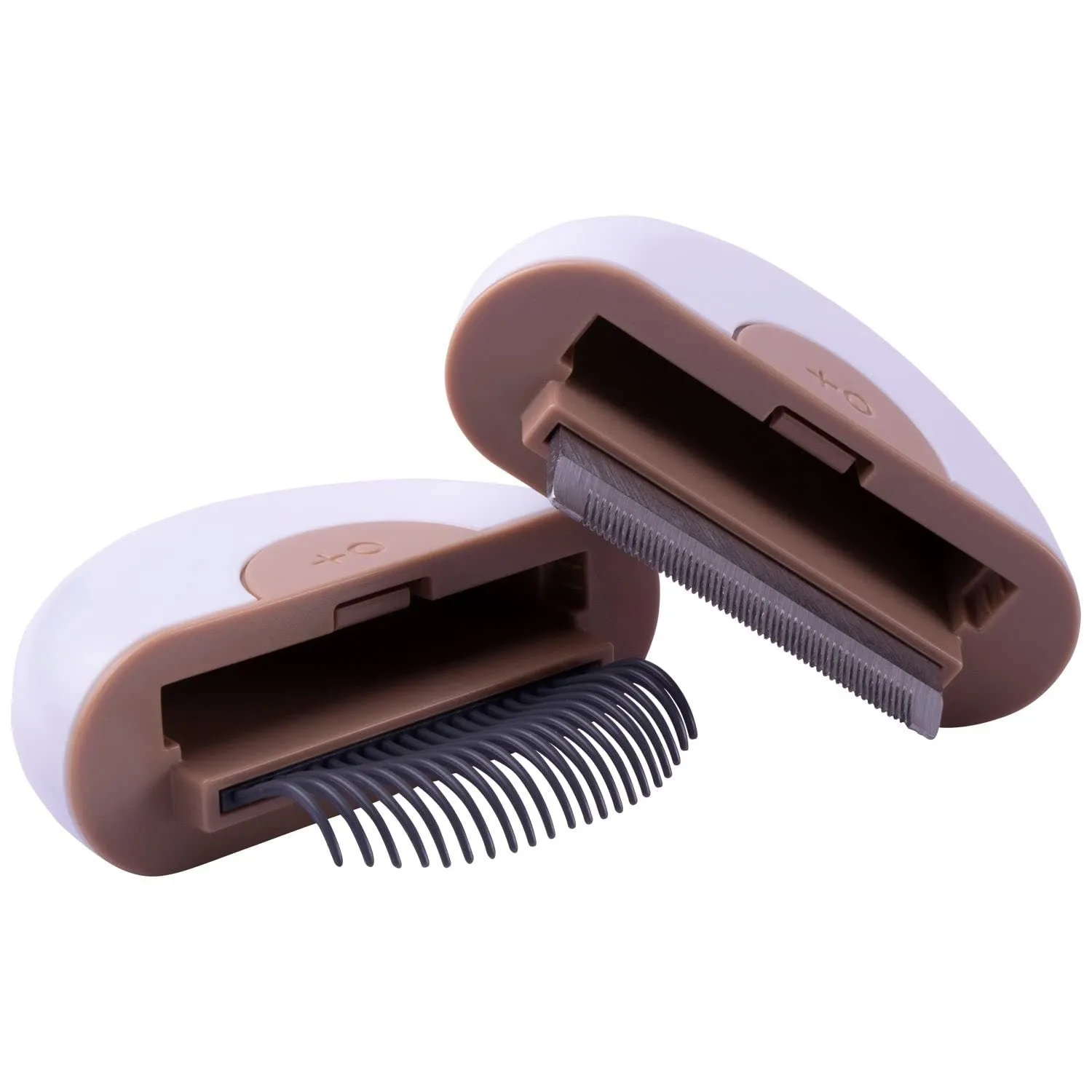 Steel and alloy pet grooming comb for cats and dogs on a neutral background, available in coffee, green, and pink