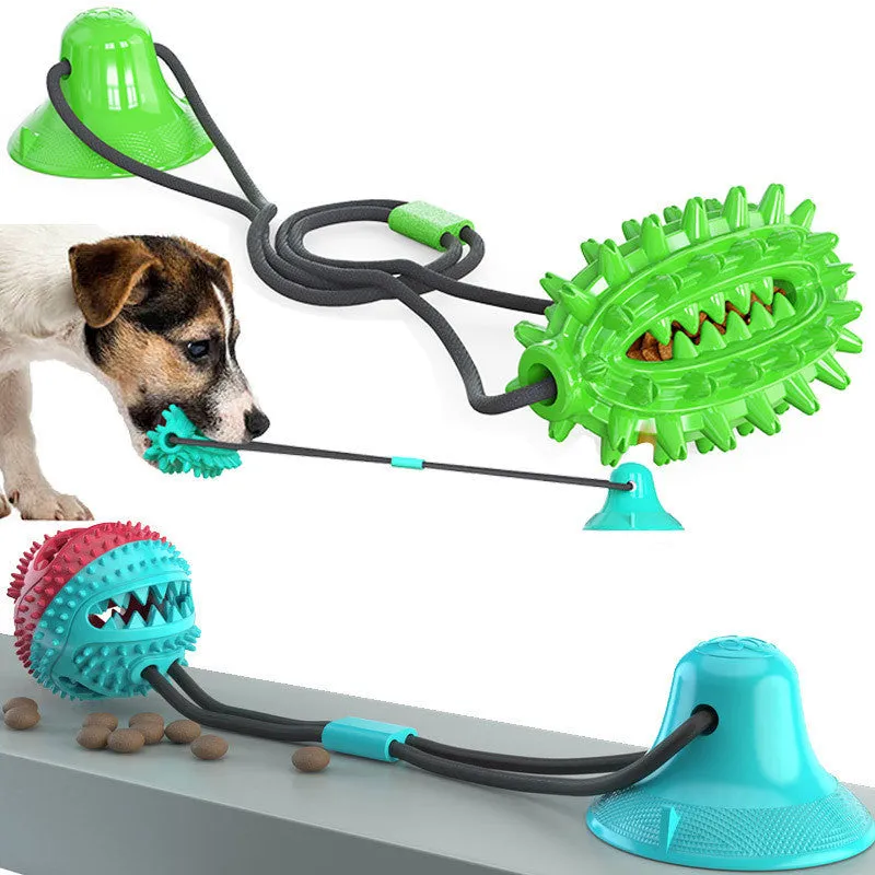 Green TPR sucker dog toy cactus with molar stick and leaking ball on a smooth floor