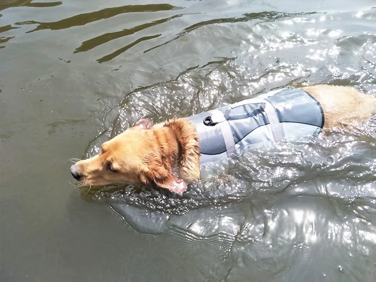 Pet life jacket vest for dogs in polyester, available in Rose Red and Silver Grey sizes XS to L