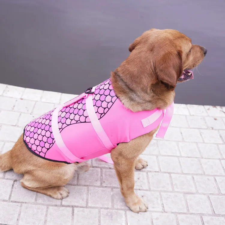 Pet life jacket vest for dogs in polyester, available in Rose Red and Silver Grey sizes XS to L