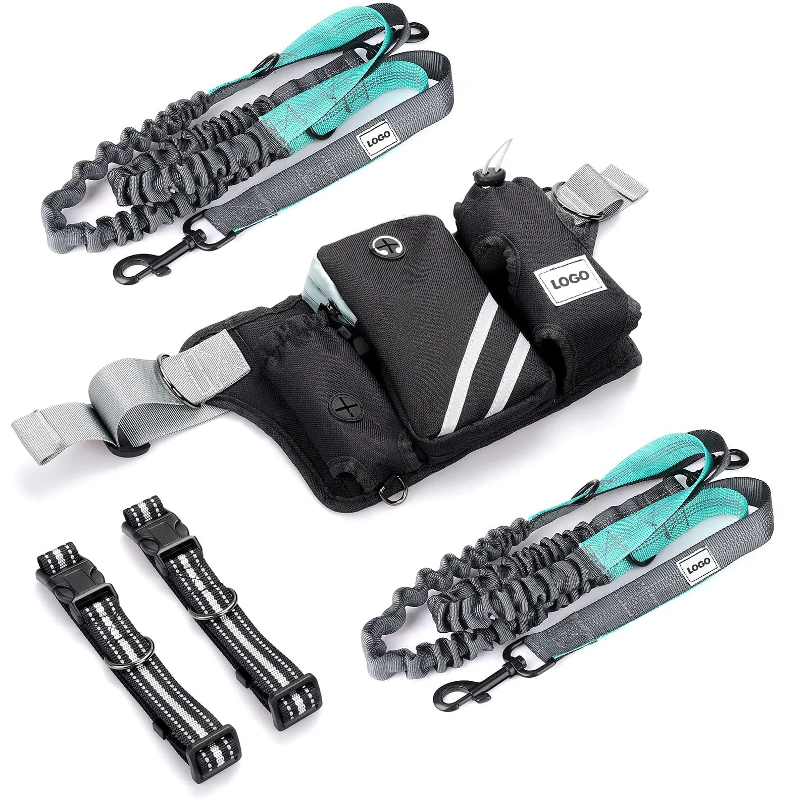 Black outdoor pet training waist bag with integrated dog leash and neck components for walking and training