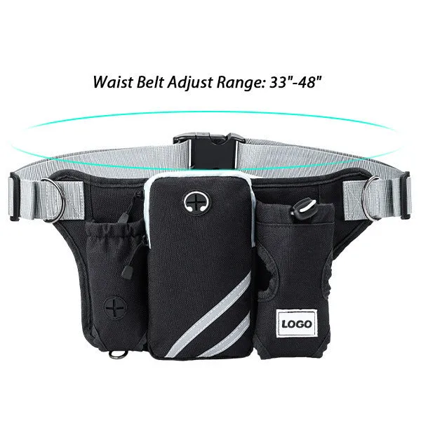 Black outdoor pet training waist bag with integrated dog leash and neck components for walking and training