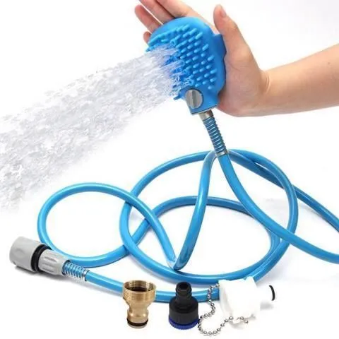 Silicone dog bath sprinkler brush with metal adapter on light background, style A