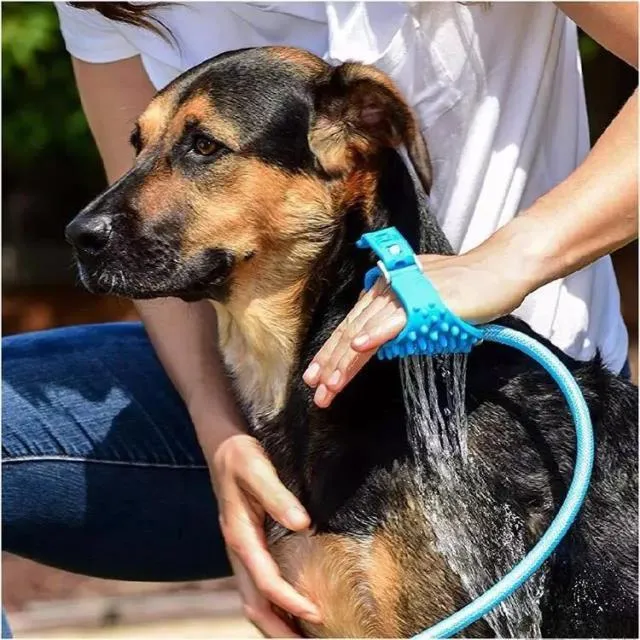 Silicone dog bath sprinkler brush with metal adapter on light background, style A