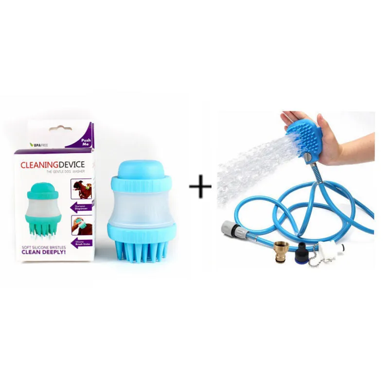 Silicone dog bath sprinkler brush with metal adapter on light background, style A