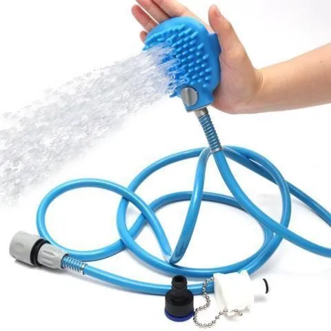 Silicone dog bath sprinkler brush with metal adapter on light background, style A