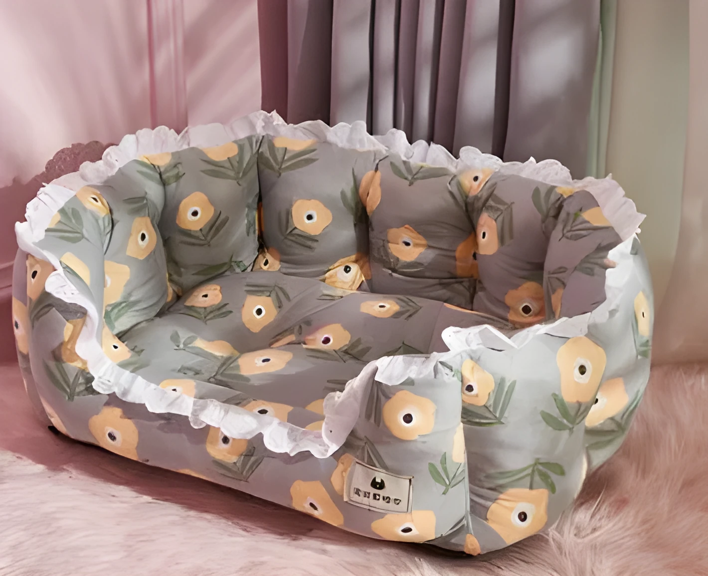 Thickened pet bed with yellow flower design for medium dogs and cats