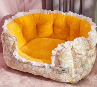 Thickened pet bed with yellow flower design for medium dogs and cats