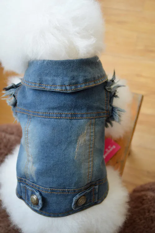 Denim dog vest with retro scratch pattern for small breeds in dark and light colours