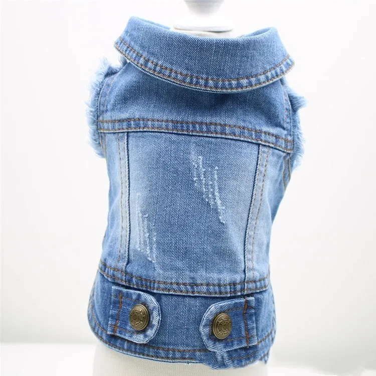 Denim dog vest with retro scratch pattern for small breeds in dark and light colours