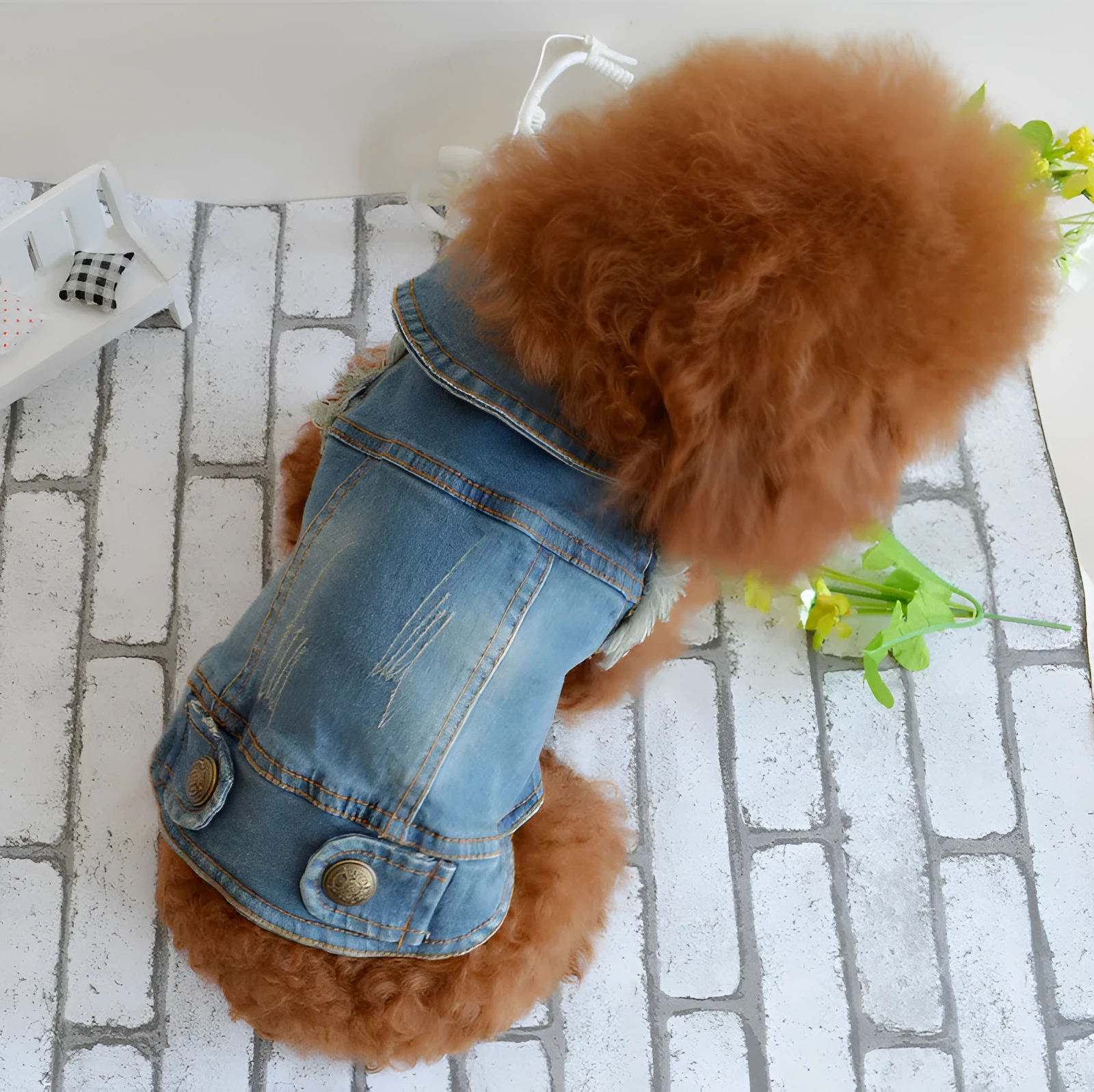 Denim dog vest with retro scratch pattern for small breeds in dark and light colours