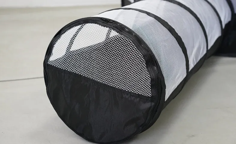 Grey foldable 30cm cat tunnel made of polyester, shown with a tent section and tunnel opening for indoor play