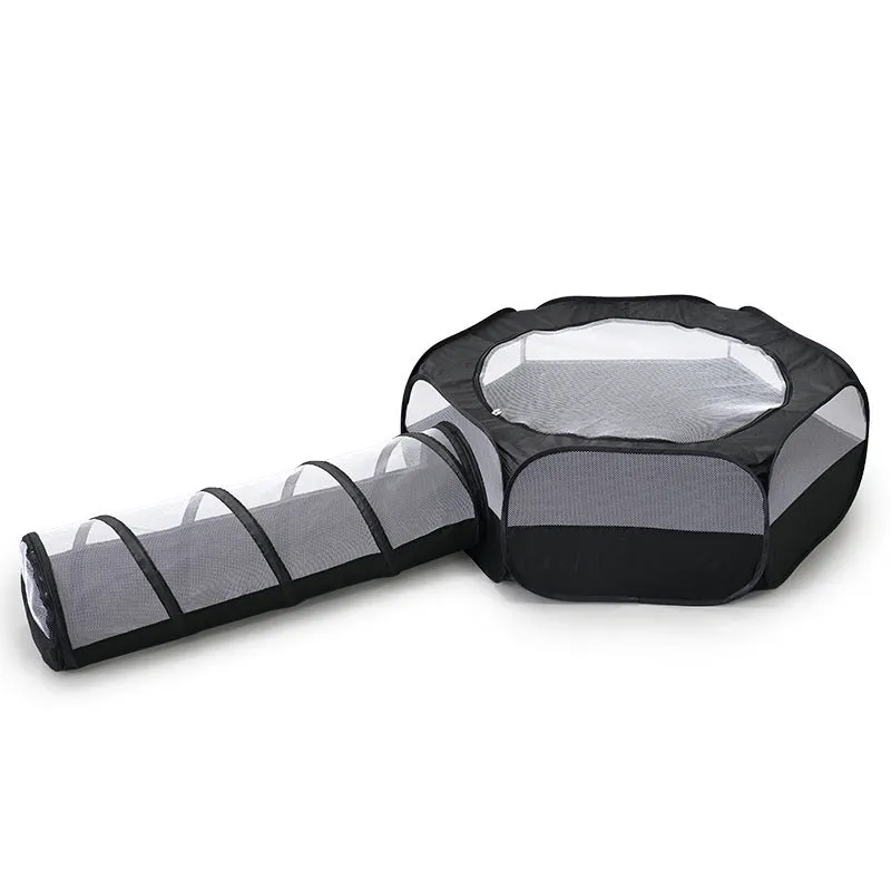 Grey foldable 30cm cat tunnel made of polyester, shown with a tent section and tunnel opening for indoor play