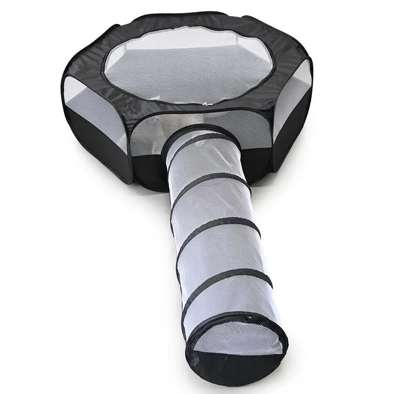 Grey foldable 30cm cat tunnel made of polyester, shown with a tent section and tunnel opening for indoor play