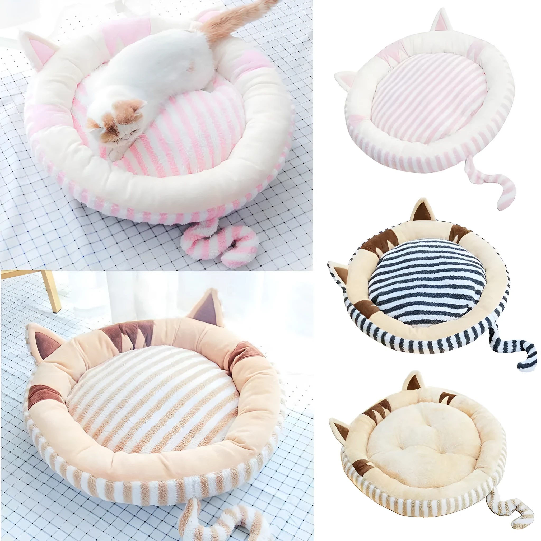 Non-removable small pet bed in gray, brown, and pink with PP cotton and flannel padding