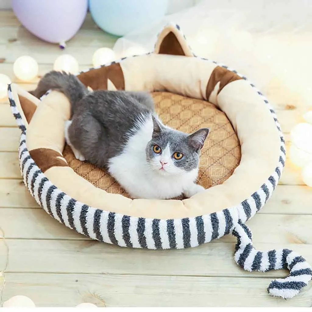 Non-removable small pet bed in gray, brown, and pink with PP cotton and flannel padding